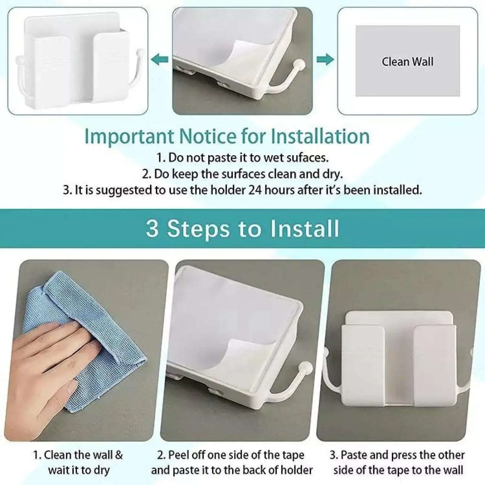 Wall-Mounted Adhesive Phone Holder with Cable Clip & Hooks for Charging & Remote Control