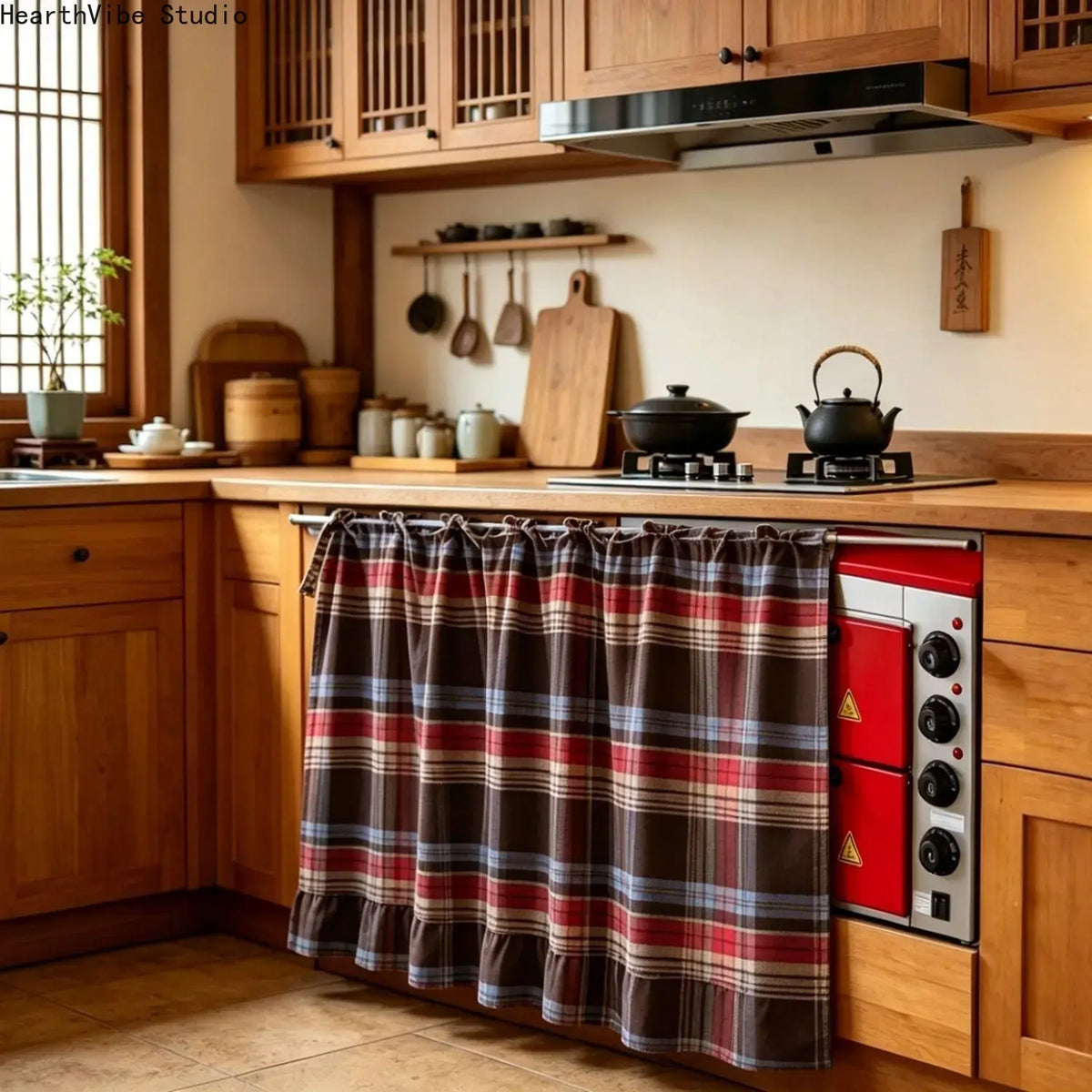 2026 Farmhouse Stove Curtain – Gingham Plaid Ruffle Short Window Valance