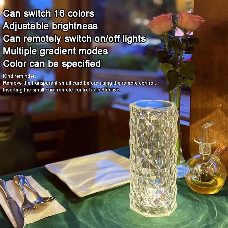 Can Switch 16 Colors Artificial Crystal Table Lamp RGB Color Changing Rose Diamond Design with Remote Control USB Charging Touch Sensor Ambient Lighting