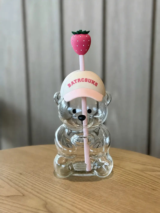 20oz Bear Glass Tumbler with Lid & Strawberry Straw for Cold Drinks