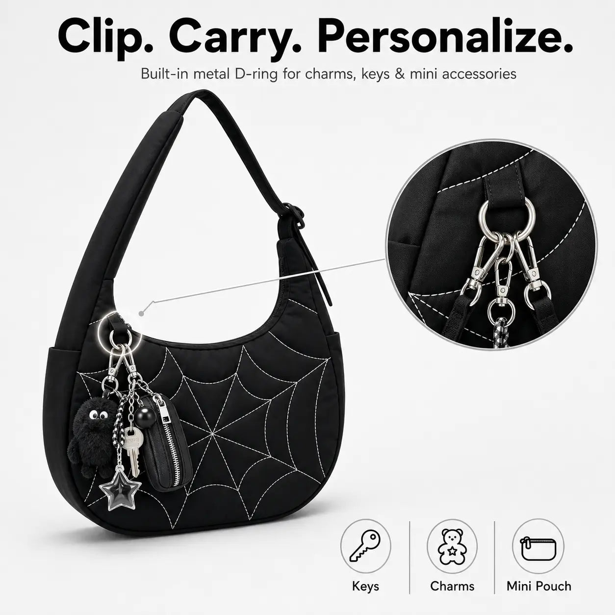 Spider Web Puffer Shoulder Bag for Women - Lightweight Quilted Nylon Crossbody Purse
