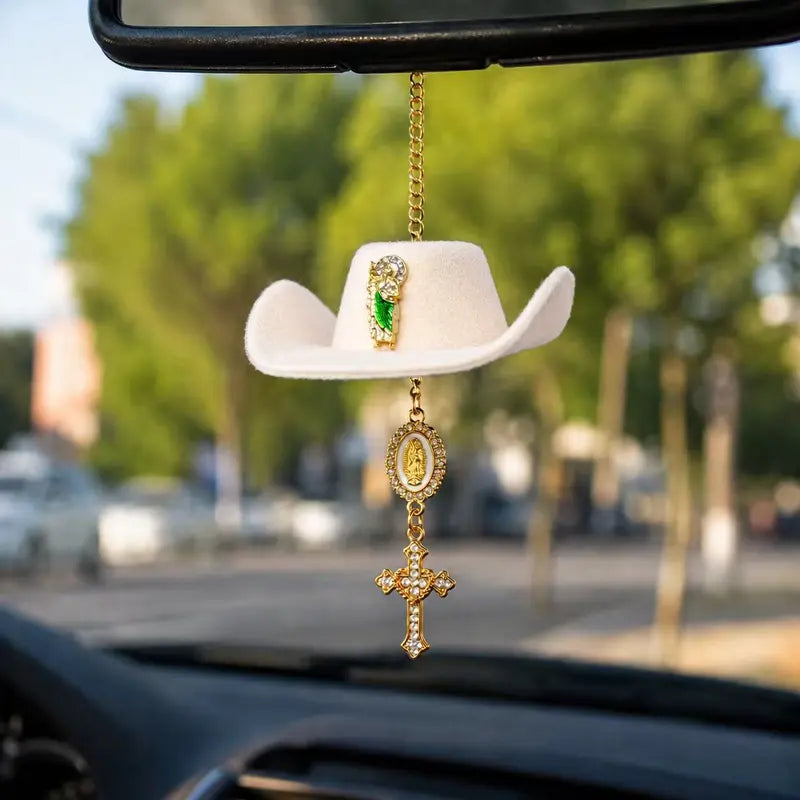Handmade St. Jude Black Sombrero Car Blessing Charm – Faith Protection Rearview Mirror Ornament