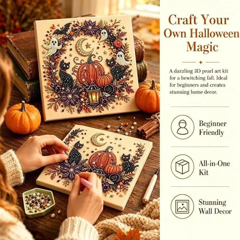 Kit de arte DIY de fantasmas de Halloween con perlas – Regalo de manualidades 3D espeluznante y bonito para la decoración del hogar en otoño