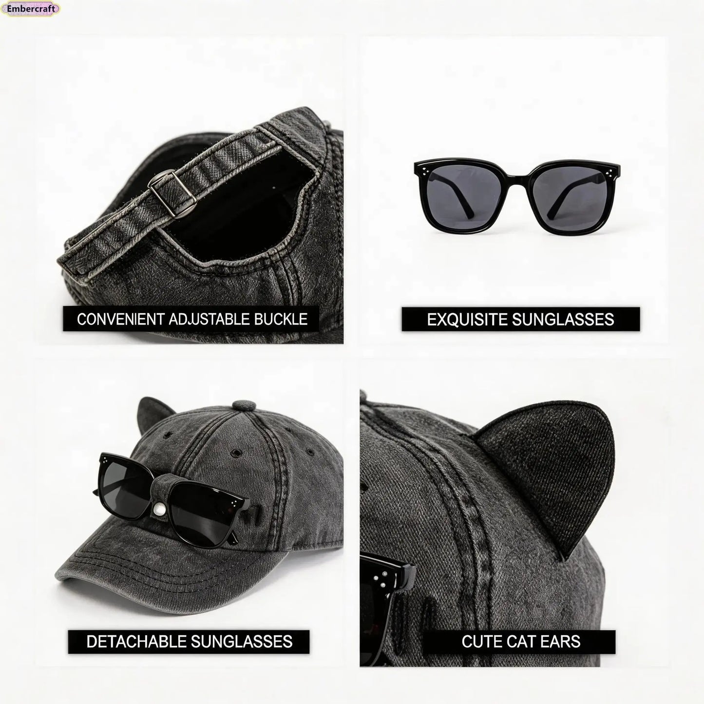 Y2K Cat Ear Trucker Hat with Detachable Sunglasses