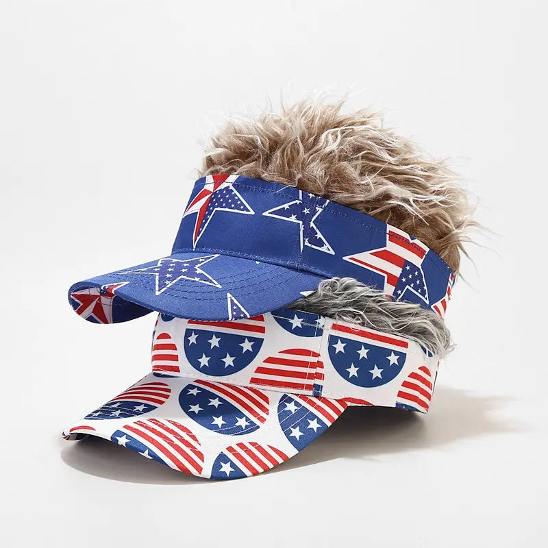 Patriotic US Flag Visor Hat with Fake Hair Wig
