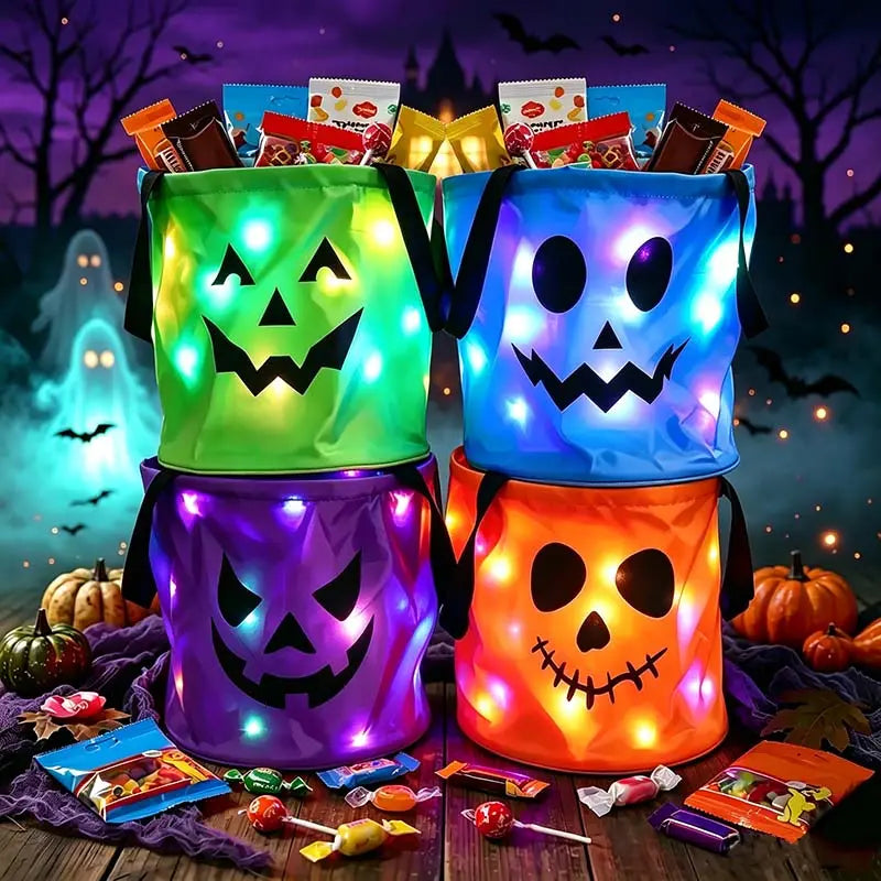 LED Halloween Pumpkin Light Candy Bucket & Goodie Bag Set (4 Pcs) – Reusable Trick-or-Treat Gift