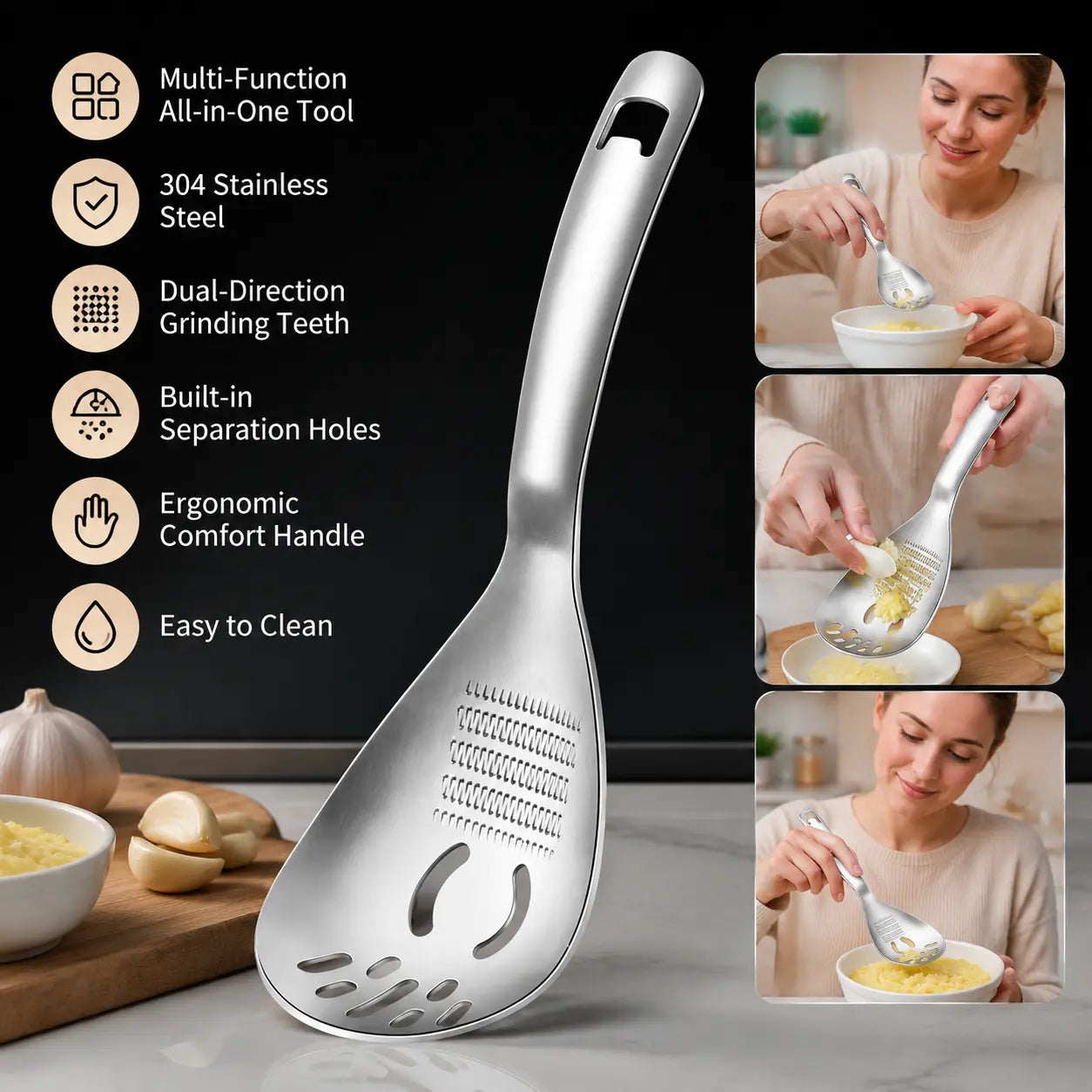304 Stainless Steel Multifunctional Kitchen Spoon – Egg Separator, Garlic Grater & Mud Masher
