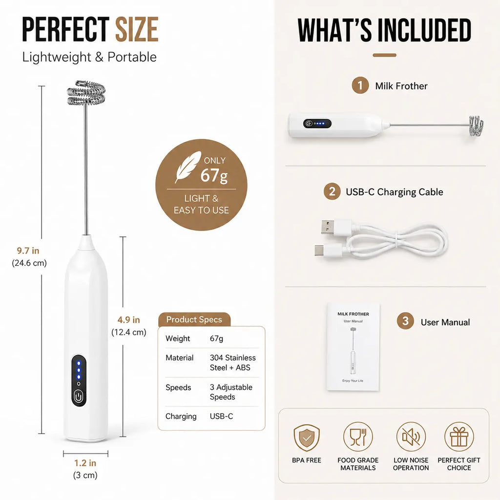 Espumador de Leche Eléctrico Portátil – Fabricante de Espuma de Acero Inoxidable Recargable por USB-C