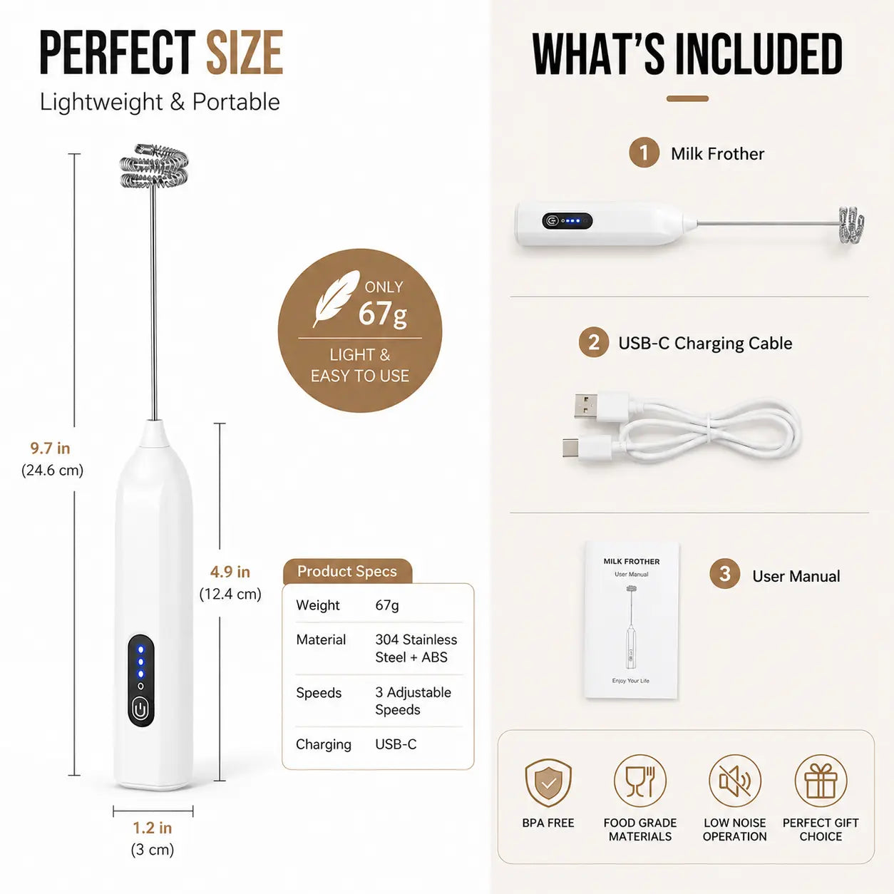 Espumador de Leche Eléctrico Portátil – Fabricante de Espuma de Acero Inoxidable Recargable por USB-C