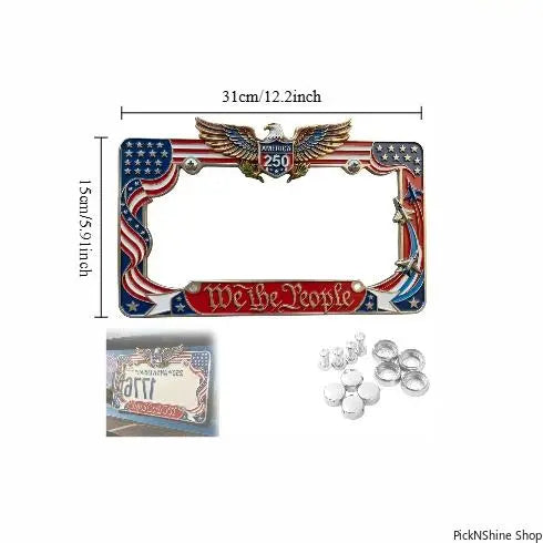 2PCS Heavy-Duty Aluminum 250th Anniversary American Flag License Plate Frame - Front License Plate Cover, We The People Car Tag Holder, Patriotic Auto Decor Car Accessories For Men, July 4th Truck Gear