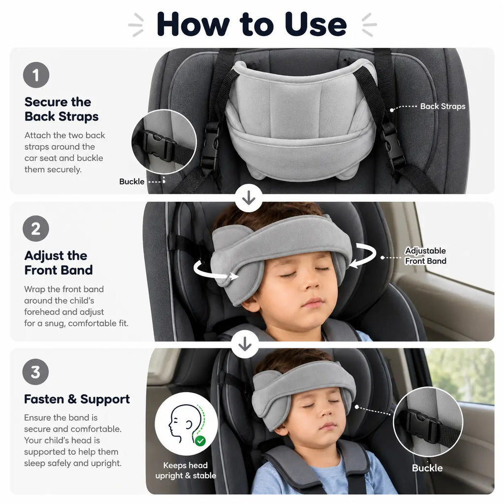 Correa suave de felpa ajustable para la cabeza del asiento de coche con cojines laterales acolchados para niños