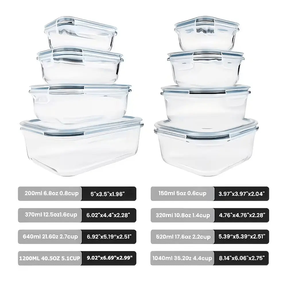 16-Piece Glass Food Storage Containers Set – Airtight Meal Prep & Kitchen Preservation Lids