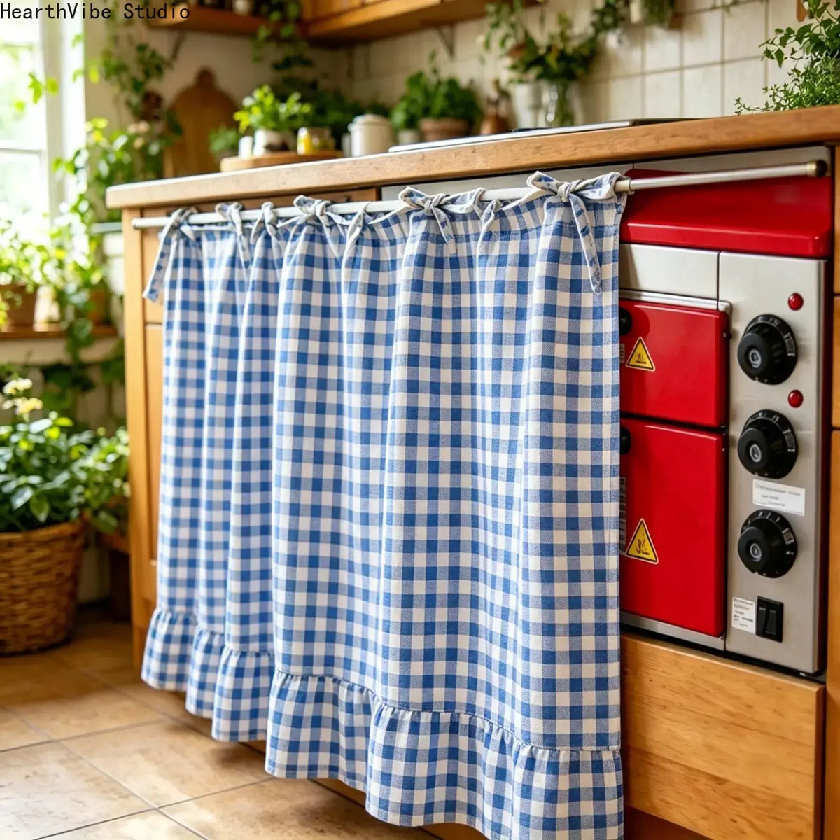 2026 Farmhouse Stove Curtain – Gingham Plaid Ruffle Short Window Valance
