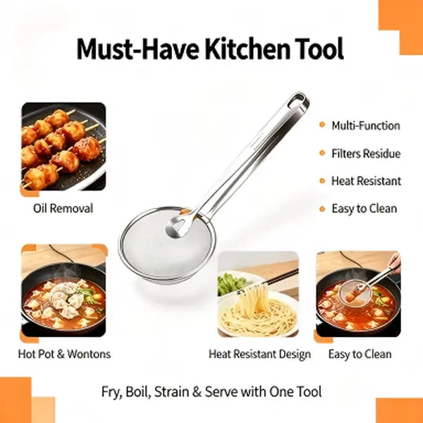 2-in-1 Stainless Steel Strainer Tongs – Fine Mesh Skimmer Spoon Clip for Frying & Hot Pot
