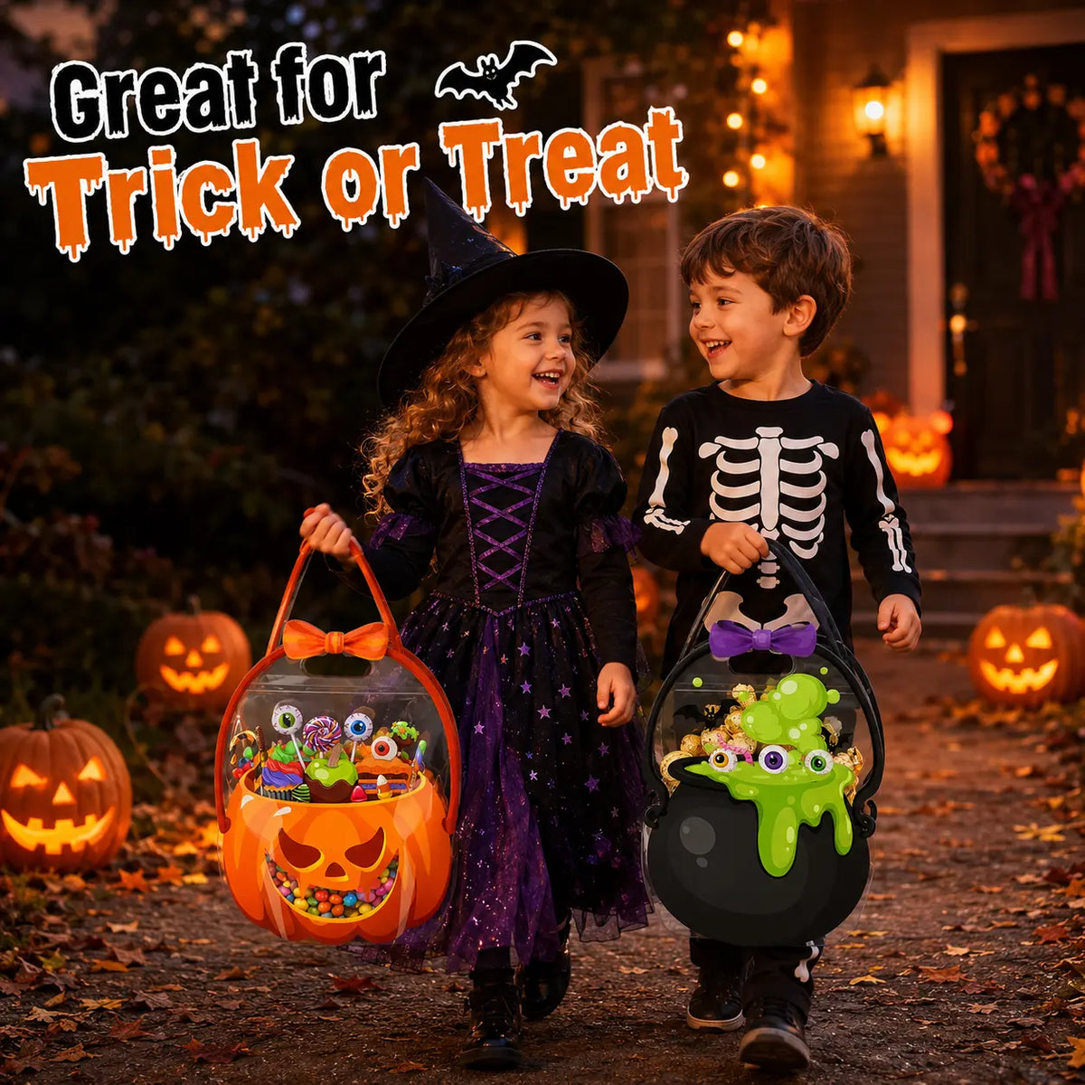 12-60 Pcs Halloween Plastic Goodie Bags – Trick or Treat Candy Bags with Pumpkin & Skull Patterns