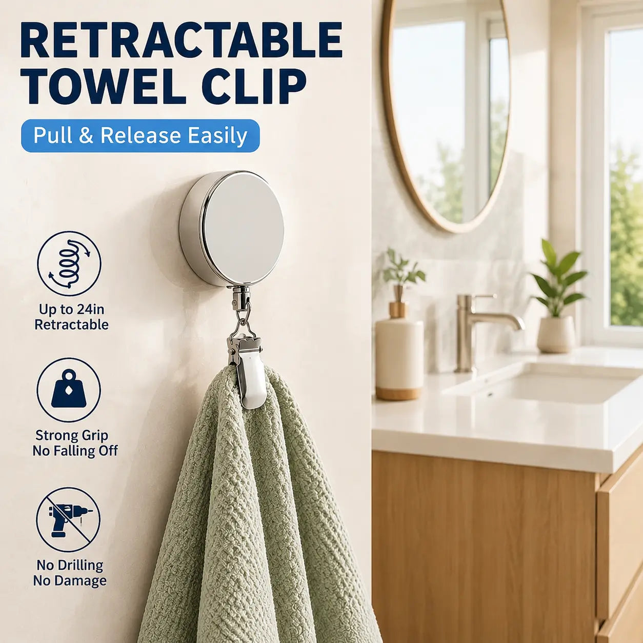 Retractable Towel Clip, Self Retracting Towel Holder with 23.6in Retractable Cord, No Drill Wall Mounted Hook for Kitchen Bathroom