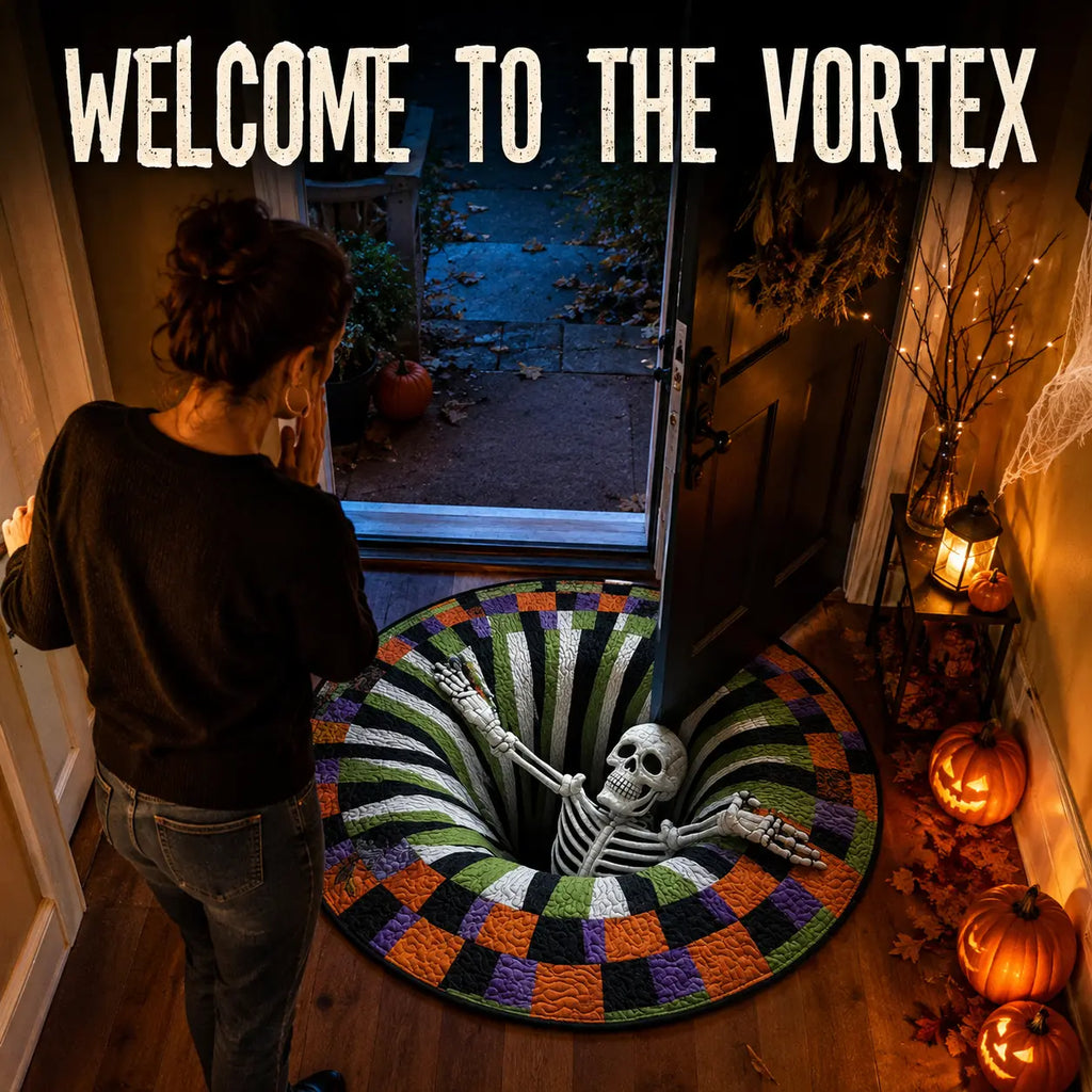 Halloween 3D Skeleton Vortex Quilted Illusion Round Rug (16") – Soft Non-Slip Spooky Living Room Carpet