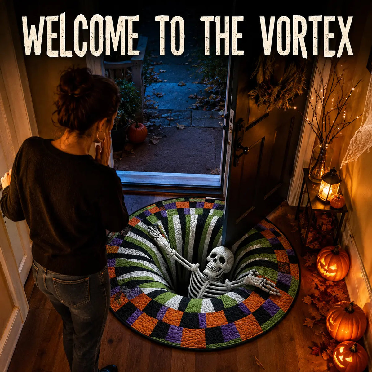 Halloween 3D Skeleton Vortex Quilted Illusion Round Rug (16") – Soft Non-Slip Spooky Living Room Carpet