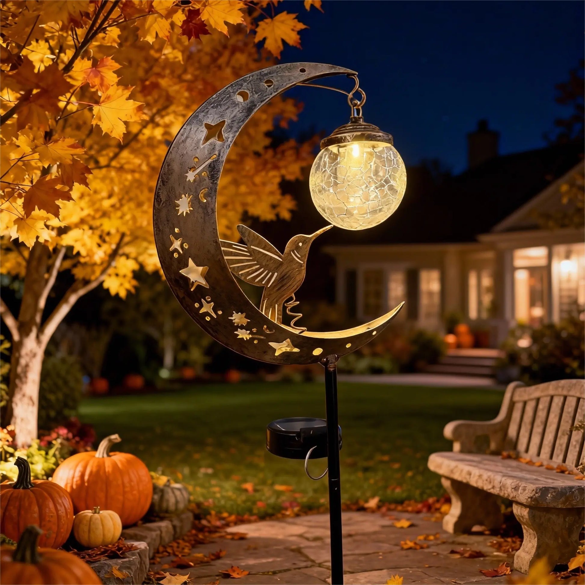 Solar Ground Stake Light, Lawn Decoration Lamp, Yard Lighting, Hollow Iron Bird Moon Design, Includes Broken Glass Ball, Outdoor Garden Pathway Decor, Solar Garden Lights, Garden Decorative Lighting