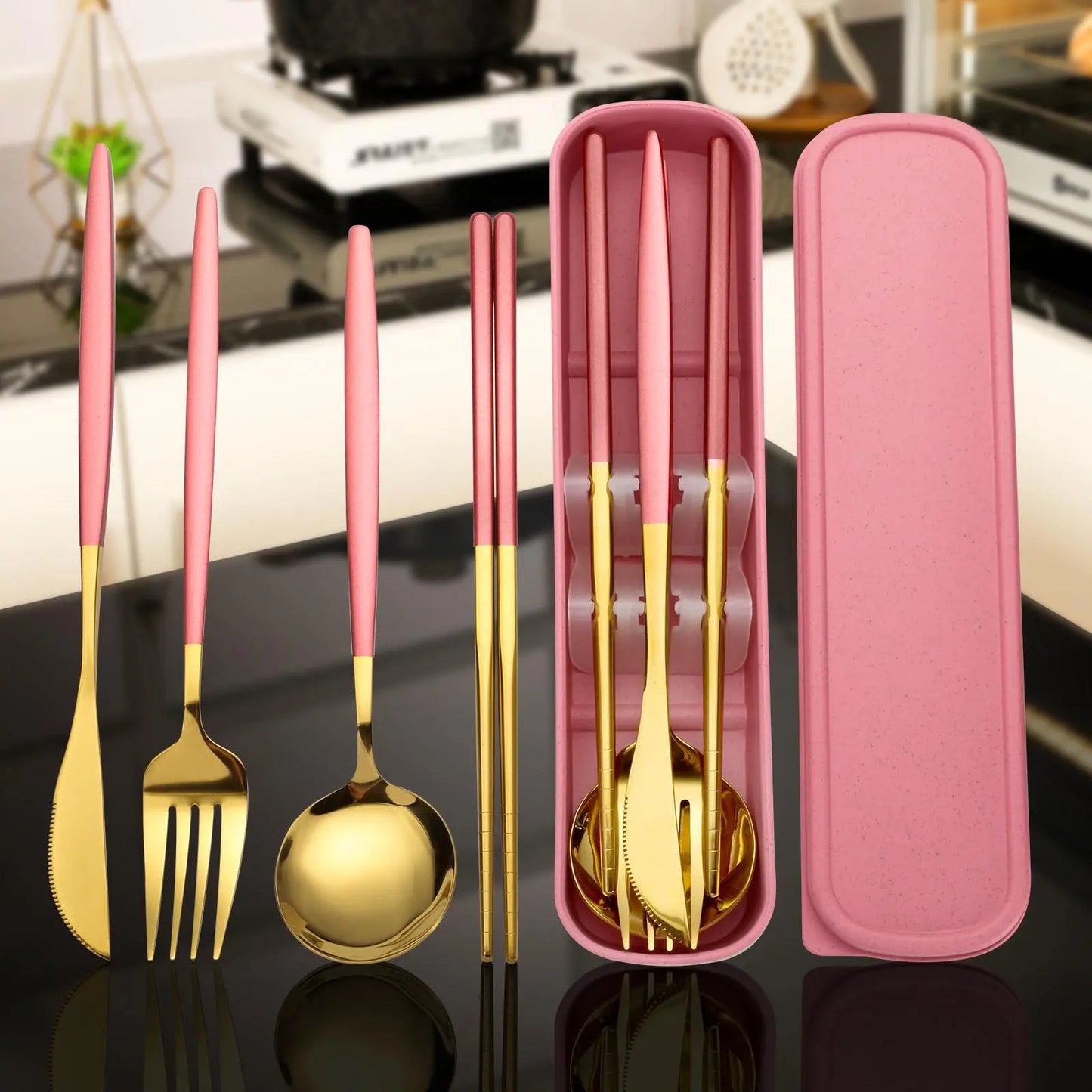 4-Piece Gold Titanium Stainless Steel Cutlery Set with Case – Portable Reusable Utensils for Travel & Office