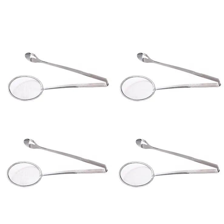 2-in-1 Stainless Steel Strainer Tongs – Fine Mesh Skimmer Spoon Clip for Frying & Hot Pot