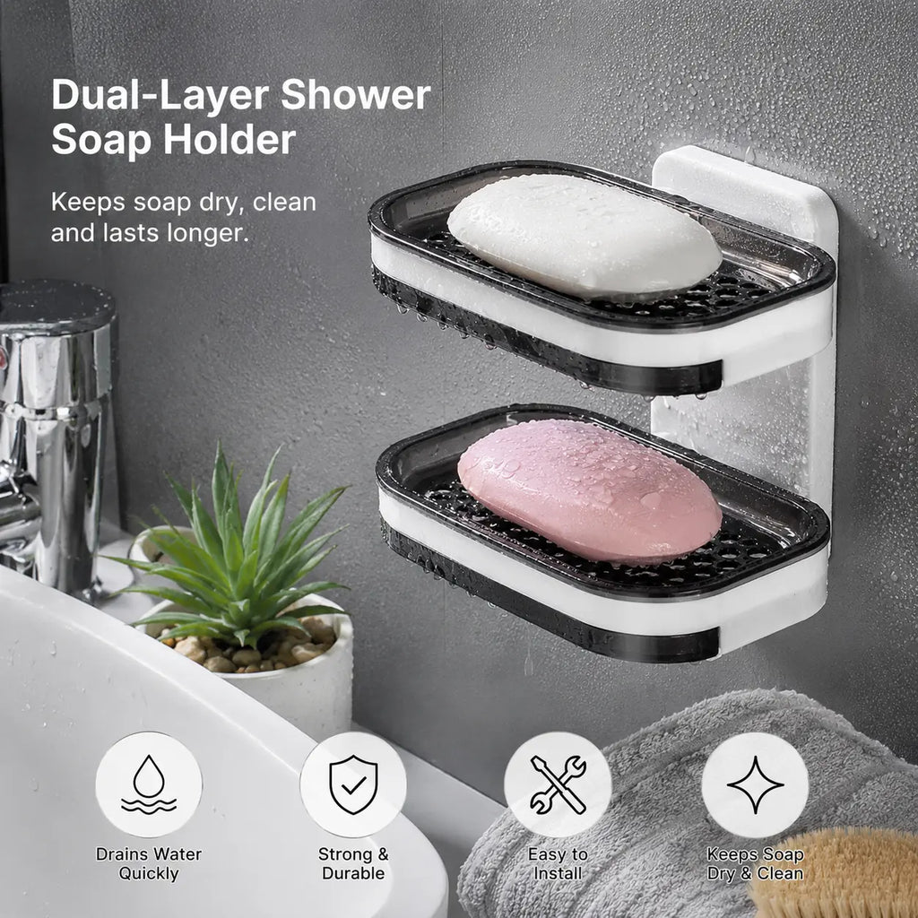 Sohochic Wall Mounted Double-Layer Self-Draining Soap Dish Holder – No-Drill Shower Storage