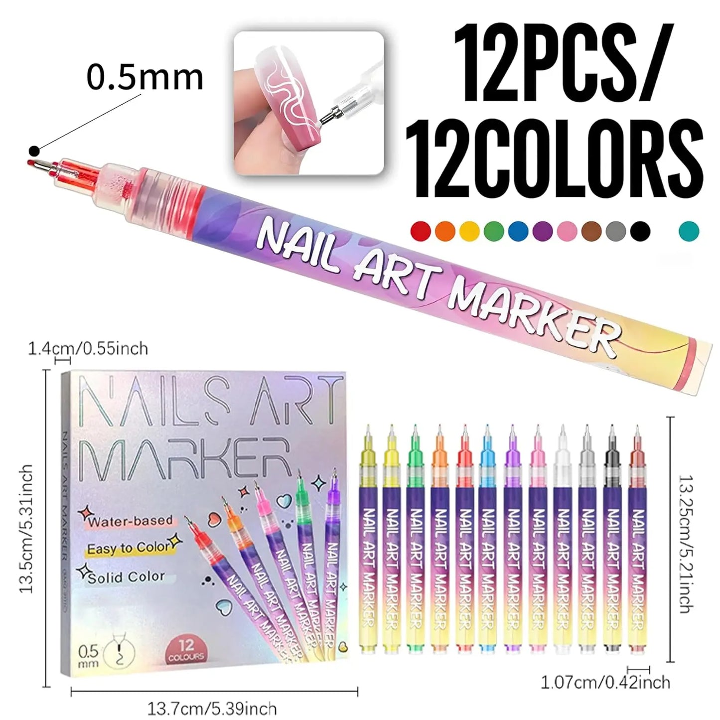 12-Color Nail Art Pen Set | 0.5mm Ultra-Fine Tip, Quick Dry & Waterproof | Lasts 7-14 Days With Top Coat | DIY 3D Nail Art for Beginners | Perfect Gift for Kids