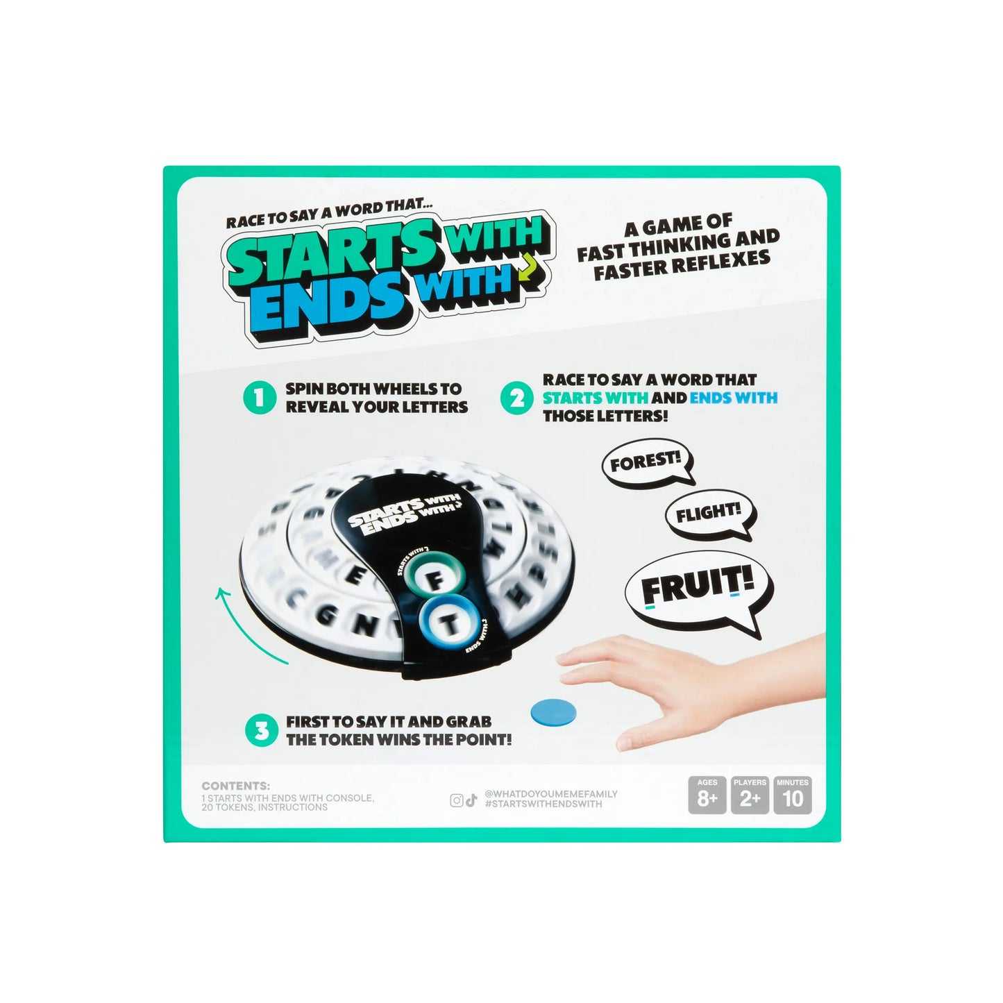Starts With Ends With by Relatable - The Fast Paced Word Game Your Family Games Collection Has Been Missing. Spin The Letter Wheels and Race to Shout the Word – Includes 1 Spinner Device and 20 Tokens.