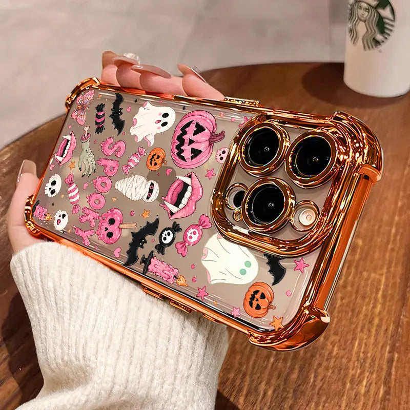 Cute Candy Pumpkin & Ghost Transparent Phone Case for iPhone 17 Pro Max – 4-Corner Anti-Fall Shockproof Cover