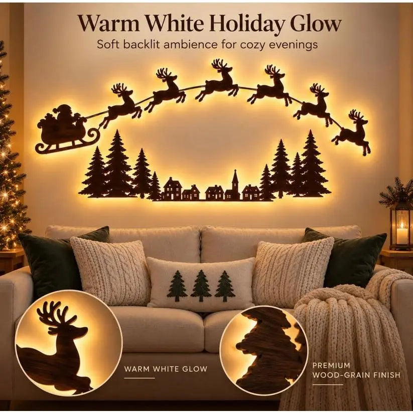 Christmas Reindeer & Santa’s Sleigh Wall Decal Light – Multicolor LED Holiday Decor