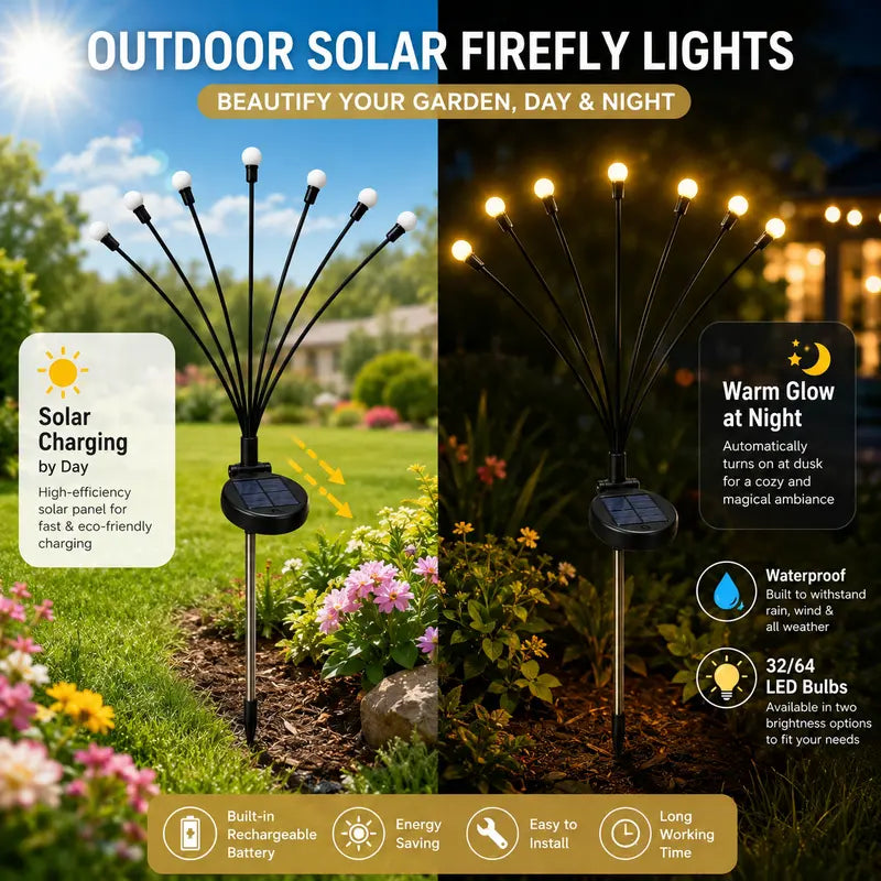 Outdoor Solar Firefly Lights, 4/8 Pack Waterproof Garden Stake Lights with Auto Dusk-to-Dawn Glow, 32/64 LED Bulbs for Yard, Patio, Pathway, Walkway & Landscape Decor