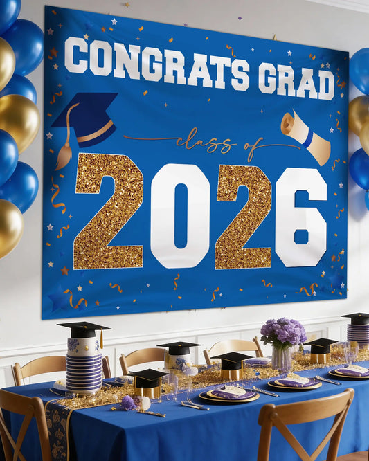 Class of 2026 Graduation Banner (47"x67") - Blue & Gold Congrats Grad Backdrop