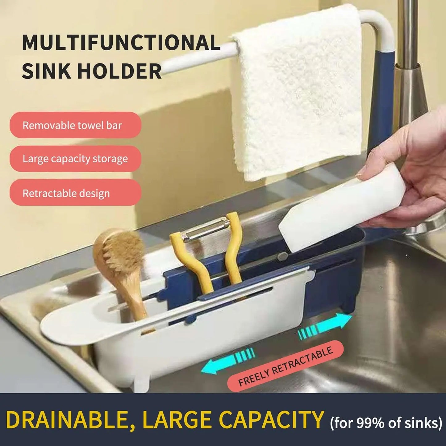 1PCS Retractable Sink Organizer - Adjustable Length Expandable Kitchen Towel Rack & Shelf