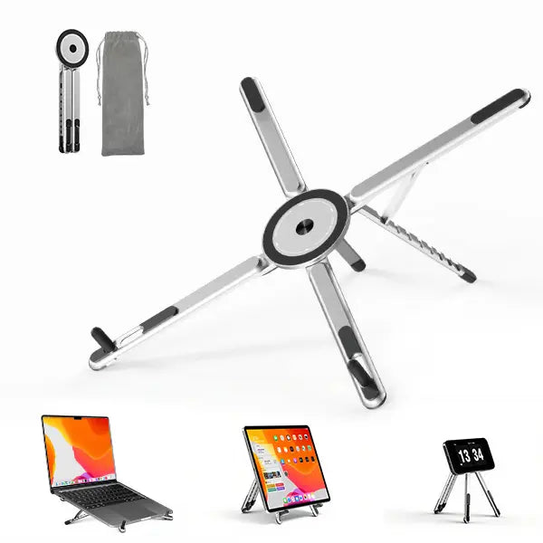 Viozon Foldable Aluminum Laptop Stand – Adjustable Desk Riser with Magnetic Phone Holder for 10–16” Laptops (Silver)