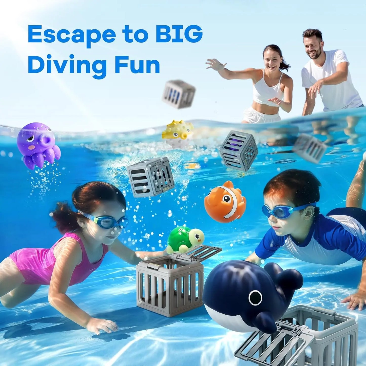 Kids Pool Diving Toy Set – Floating Sea Animals & Treasure Cage