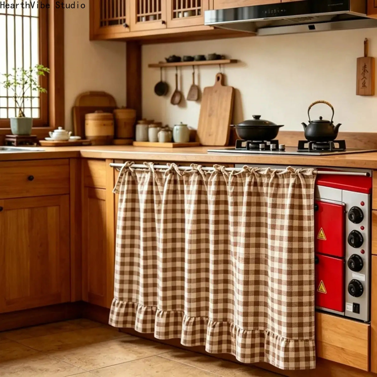 2026 Farmhouse Stove Curtain – Gingham Plaid Ruffle Short Window Valance