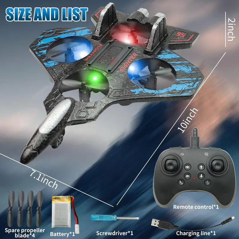RC Fighter Jet Drone with 360° Flips & LED Lights – Vertical Takeoff EPP Foam Airplane Toy