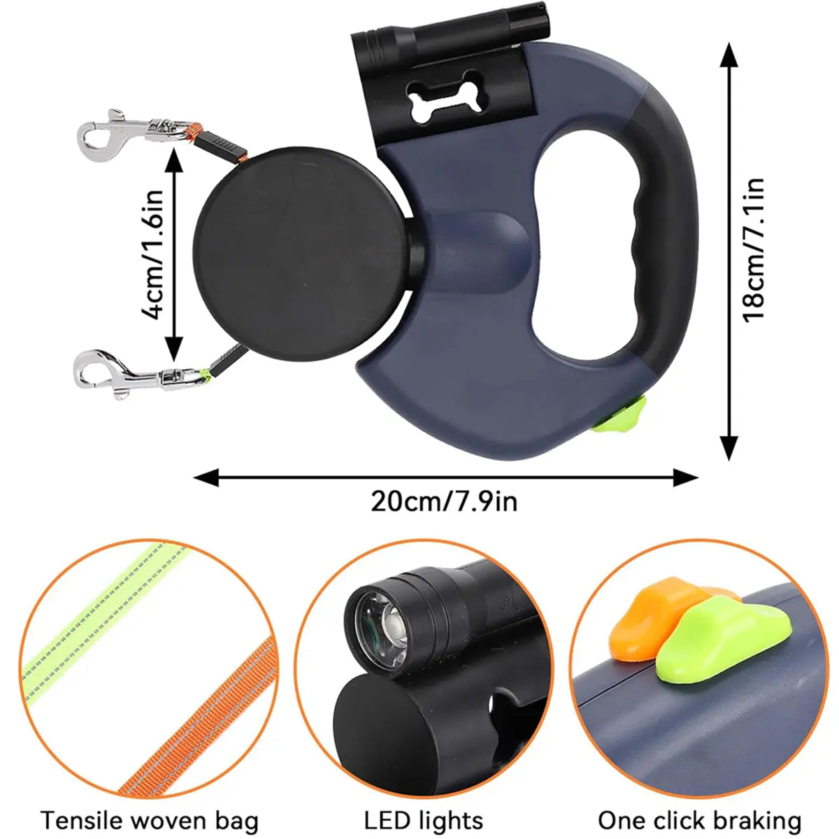 3M Dual Retractable Dog Leash with LED Light & Waste Bag Dispenser