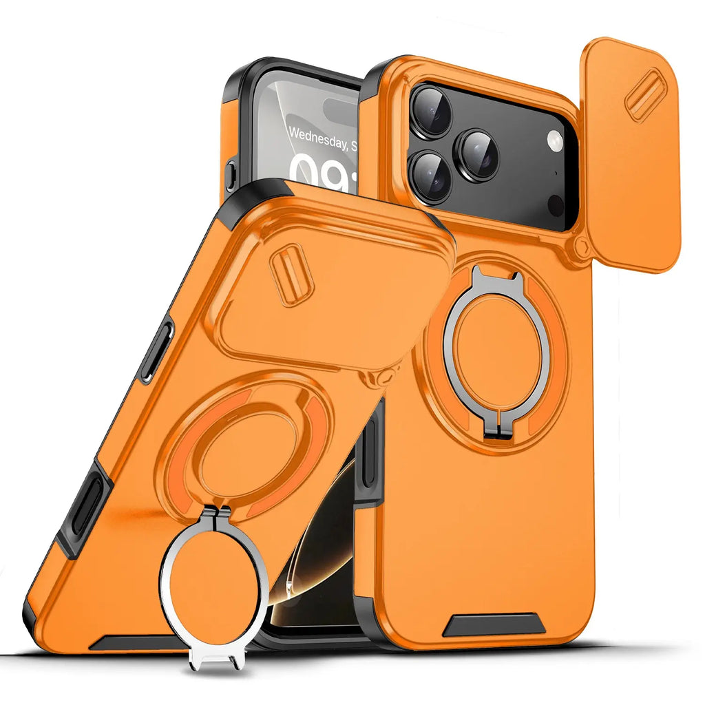 Military-Grade Magnetic Protective Case with Sliding Camera Cover & 360° Rotatable Ring Stand for iPhone 17 Pro Max