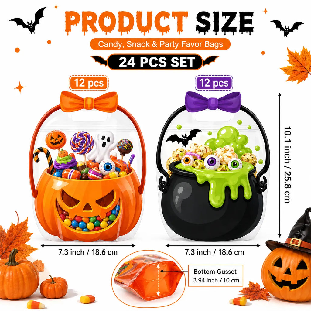 12-60 Pcs Halloween Plastic Goodie Bags – Trick or Treat Candy Bags with Pumpkin & Skull Patterns