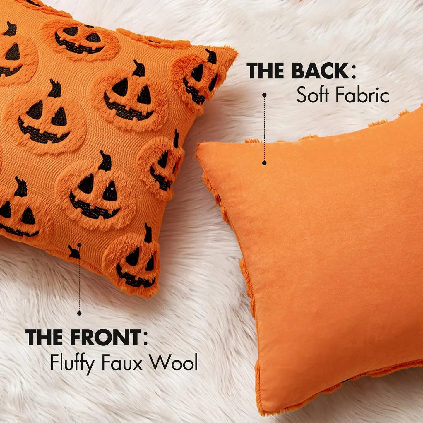 Embroidered Pumpkin Halloween Pillow Cover – Soft Faux Wool Farmhouse Decor