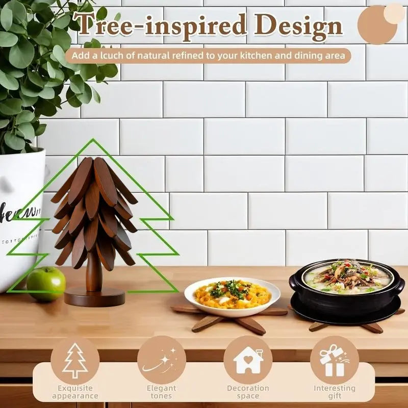 Foldable Walnut Wood Trivet Set – 5 Heat Resistant Coasters with Tree Stand