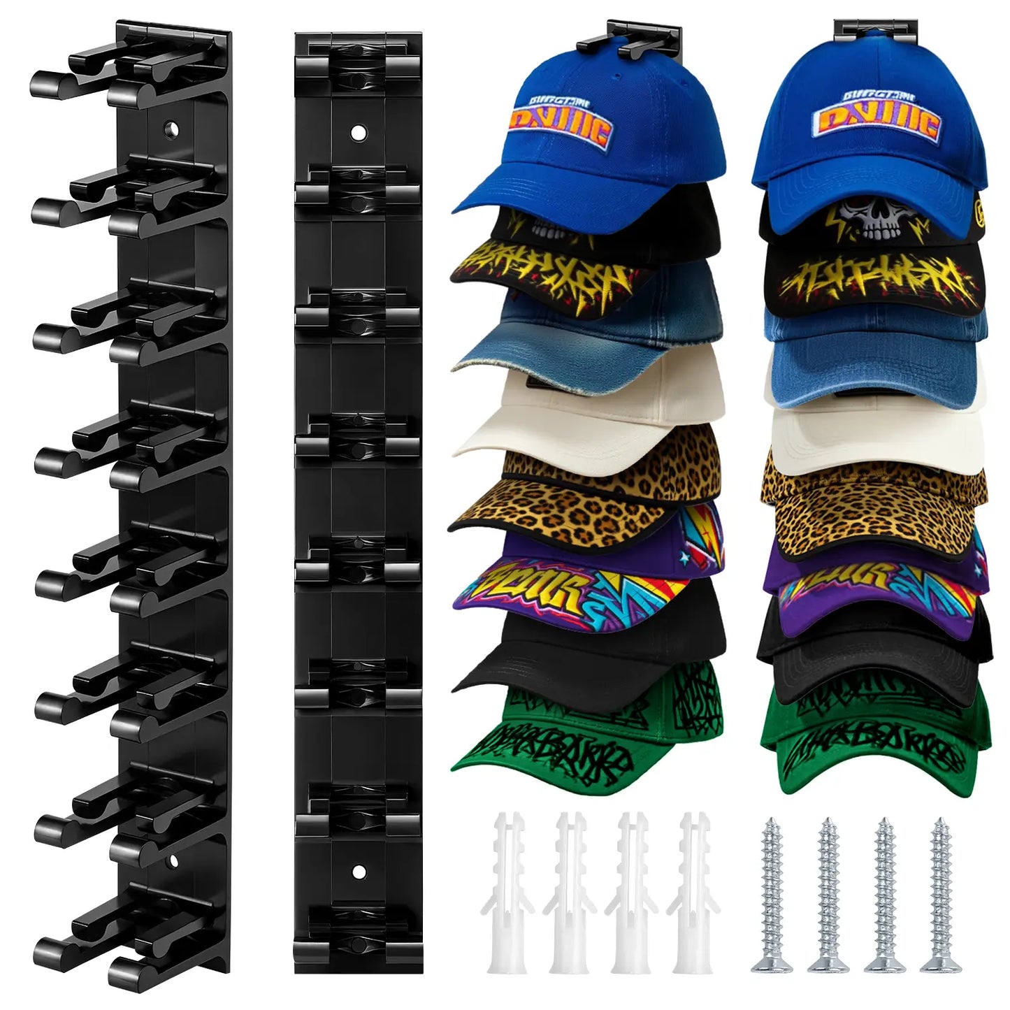 Hat Hook for Wall 2 Pack Hat Organizer Holds Up to 20 Hats with Strong Adhesive and 8 Screws Cap Holder for Closet Door and Bedroom B-Black - Decor Key Hook Wall Mounted Shelf