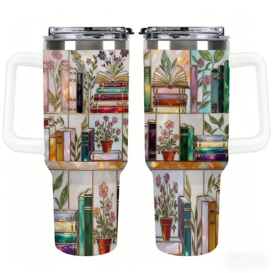 Stained-Glass Book Design 40oz Tumbler, Floral Bookshelf Tumbler, Book Lover Gift, Bookish Cup, Library Cup, Tea Cup, Coffee Mug, Gift for Friends, Kitchen Drinkware, Dealsforyou, Summerwins