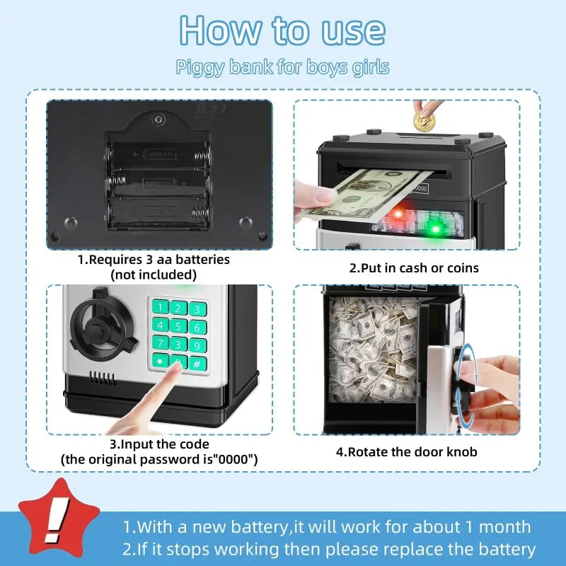 Digital Piggy Bank with Password Code Lock - ABS Mini ATM Safe, Electronic Coin Money Savings Box Toy for 3-12 Year Old Boys Girls, Cool Gifts for Kids for Christmas Birthdays