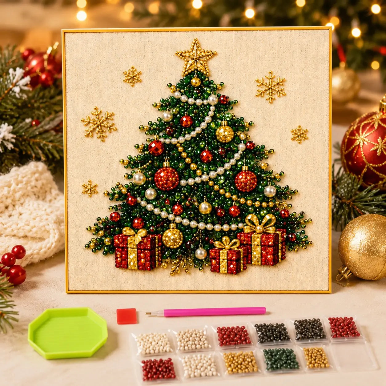 Pintura de diamante con perlas y cuentas 3D para Navidad – Guirnalda navideña de pared DIY para medias