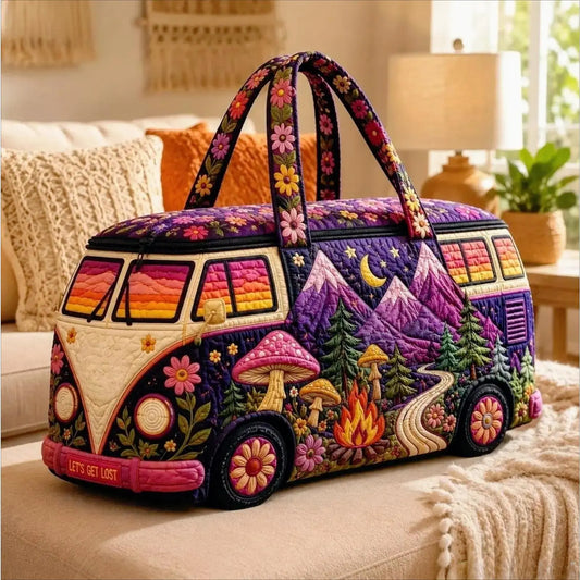 Boho Mushroom Van Weekender Bag - Large Capacity Quilted Duffel Travel Tote, Hippie Aesthetic Carry On Bag for Women, Gym Camping Vacation,summerwins,father'sdaygifts,campingessentials,campinggear