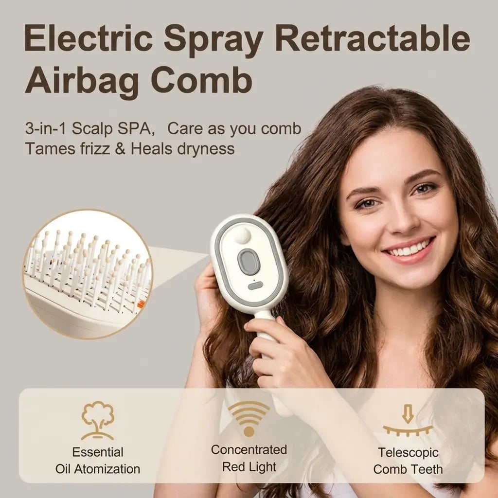 Electric Spray Massage Comb, Self-Cleaning Air Cushion Hair Brush with Essential Oil Mist, Anti-Tangle Anti-Static Volumizing Aromatherapy Hair Care