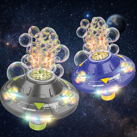 Multifunction Bubble Maker, Automatic Rotating Disc Toy with Colorful Lights, Music, Obstacle Avoidance, Flying Saucer Design for Indoor, Outdoor Birthday Parties