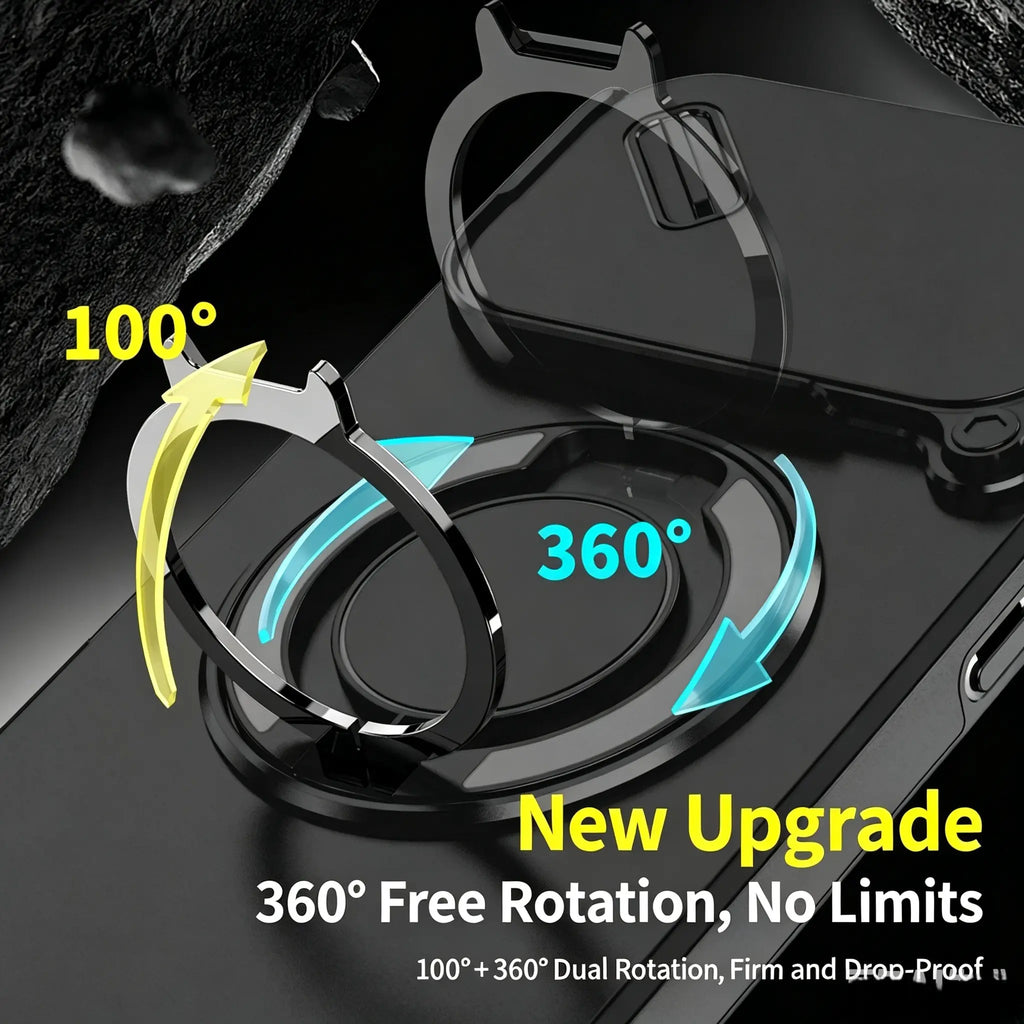Military-Grade Magnetic Protective Case with Sliding Camera Cover & 360° Rotatable Ring Stand for iPhone 17 Pro Max